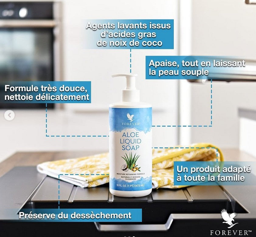 Bénéfices , Aloe liquide soap, Aloe vera , Forever , savon visage et corps et cheveux liquide , vente de produit en ligne , vannes , morbihan , 56