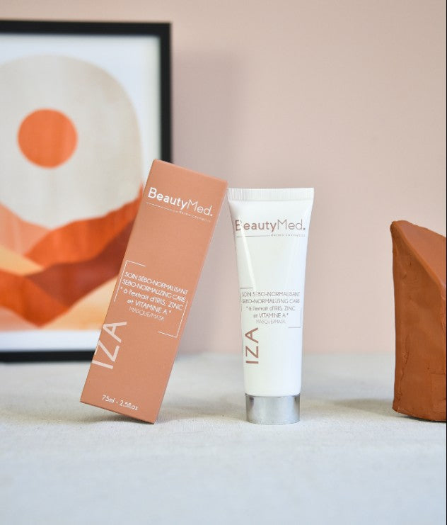 Masque Sébo-normalisant à l’extrait d’Iris Zinc et Vitamine A , IZA , BeautyMed , masques et gommages , vente de produit en ligne , vannes , Morbihan , 56